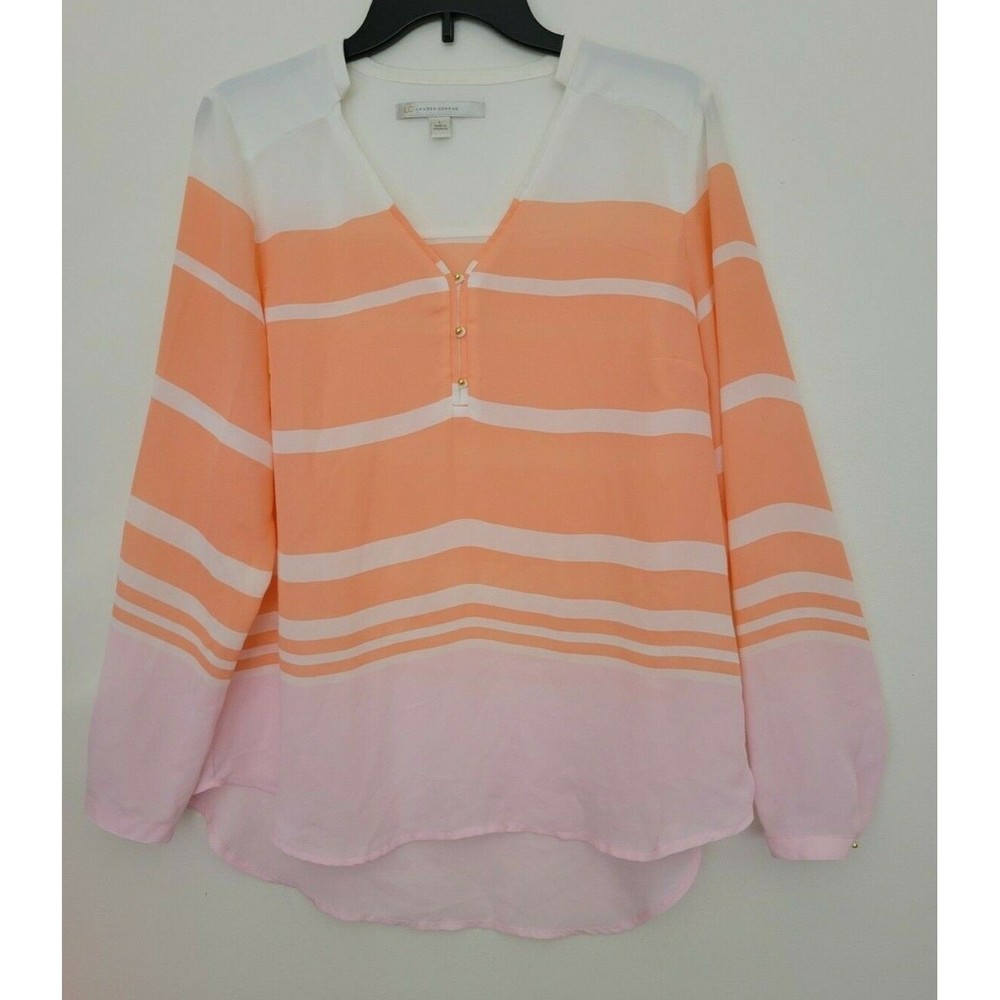 Lauren Conrad Blouse White Orange Pink Striped Hi-Low Long Sleeve Pearl Button L